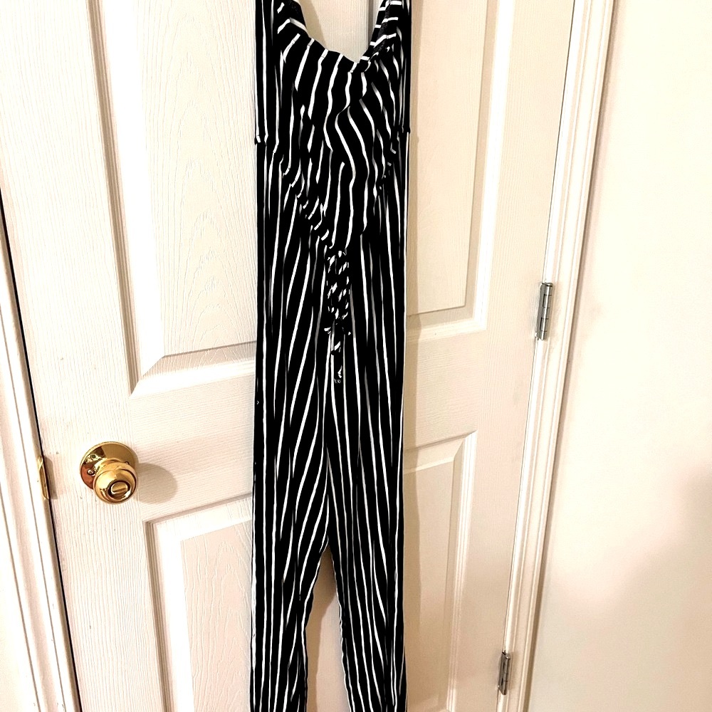 Strapless Black and White Striped Jumpsuit